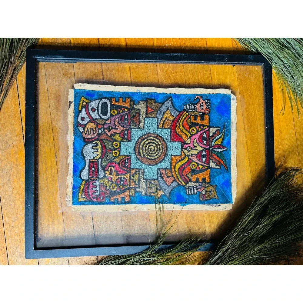 Peruvian Leather Folk Art Framed‎ Paracas Nazca Style Cusco Painting 21x17
